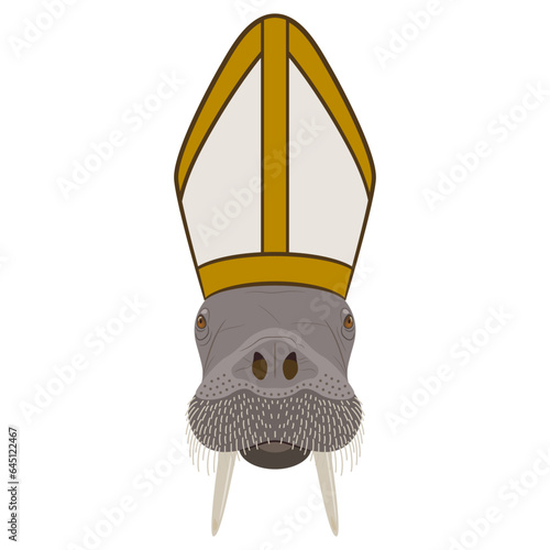Head of a walrus wearing a Catholic Pope's mitre or Bishop's miter. Creative concept. Animal priest. Isolated vector illustration.