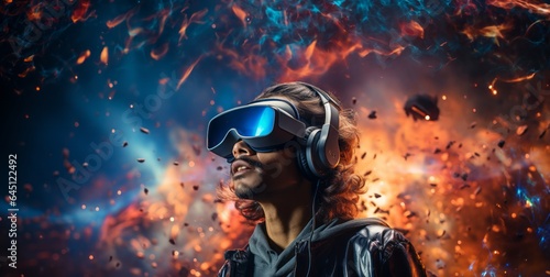 Portrait in virtual reality glasses in fantasy style. Generative AI