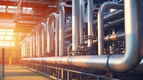 Pipeline in oil industry factory on sunset background