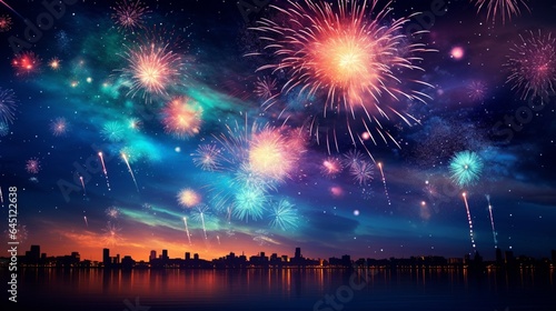 Bright fireworks on night sky 