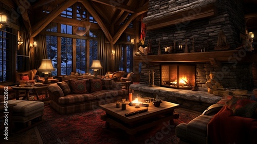 cozy mountain lodge, with a roaring fireplace, comfortable sofas, and guests enjoying hot cocoa after a day of skiing