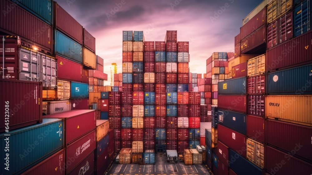 Fototapeta premium Shipping containers stacked at a bustling port, illustrating the movement of goods across international borders in the global trade network