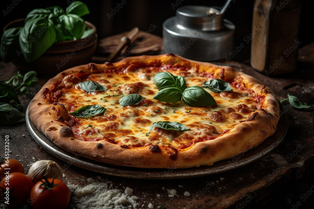 Pizza with fresh mozzarella cheese and topping of olives and basil on a black platter 