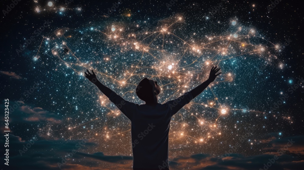 A person reaching for a star representing knowledge among a constellation of information symbols, embodying the idea of limitless learning A person reaching for a star representing knowledge among a constellation of information symbols, embodying the idea of limitless learning