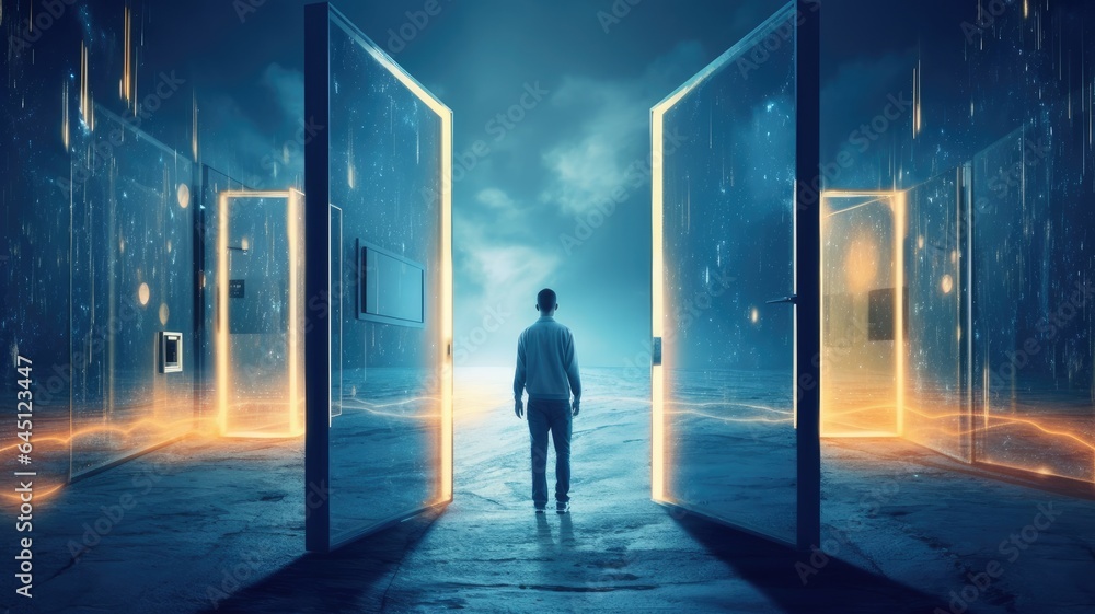 A person stepping through a digital doorway into a world of innovation and change, illustrating the transition brought about by digital technologies