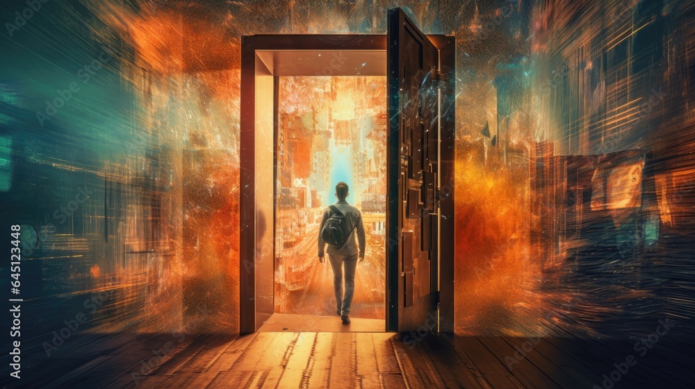 A person stepping through a digital doorway into a world of innovation and change, illustrating the transition brought about by digital technologies - obrazy, fototapety, plakaty 