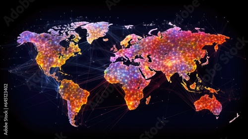 A global network of communication lines connecting people across continents, visualizing the real-time interactions enabled by the internet