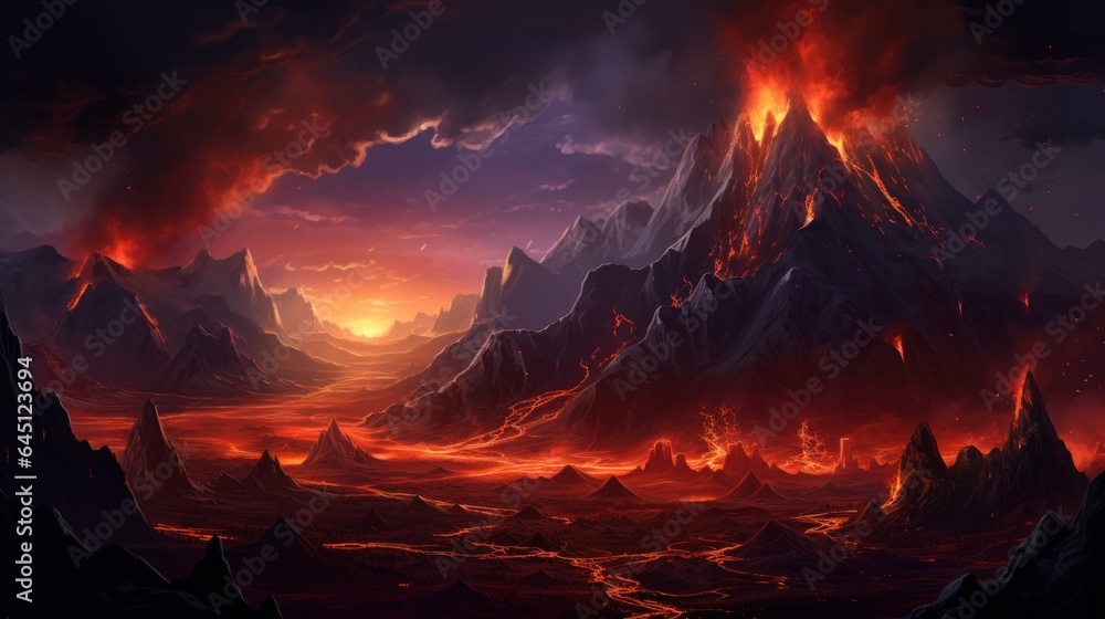 Volcanic crater with steaming geysers, molten lava, and ominous volcanic peaks in the distance game art - obrazy, fototapety, plakaty 