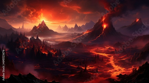 Volcanic crater with steaming geysers  molten lava  and ominous volcanic peaks in the distance game art