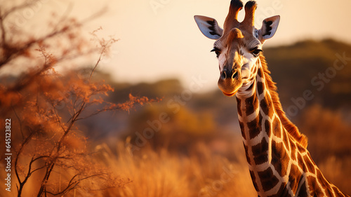 A majestic giraffe standing tall amidst a golden savannah, AI Generative. © Miry Haval
