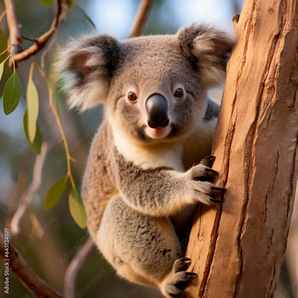 Naklejka premium Koala climbing a eucalyptus tree. AI Generative.