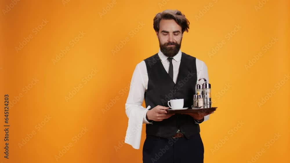 Anccomplished valet raises thumbs up in studio, displays agreement emblem, is enthusiastic on camera. Before serving beverage, young man with a waiter job gestures approbation with like sign. Anccomplished valet raises thumbs up in studio, displays agreement emblem, is enthusiastic on camera. Before serving beverage, young man with a waiter job gestures approbation with like sign.