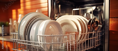 White plates in a built-in dishwasher.