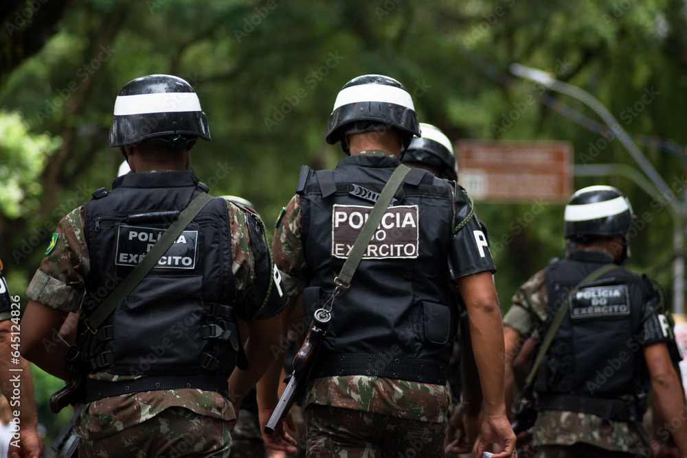 Army military police soldiers are seen during the Brazilian independence parade in the city of Salvador, Bahia. Army military police soldiers are seen during the Brazilian independence parade in the city of Salvador, Bahia.