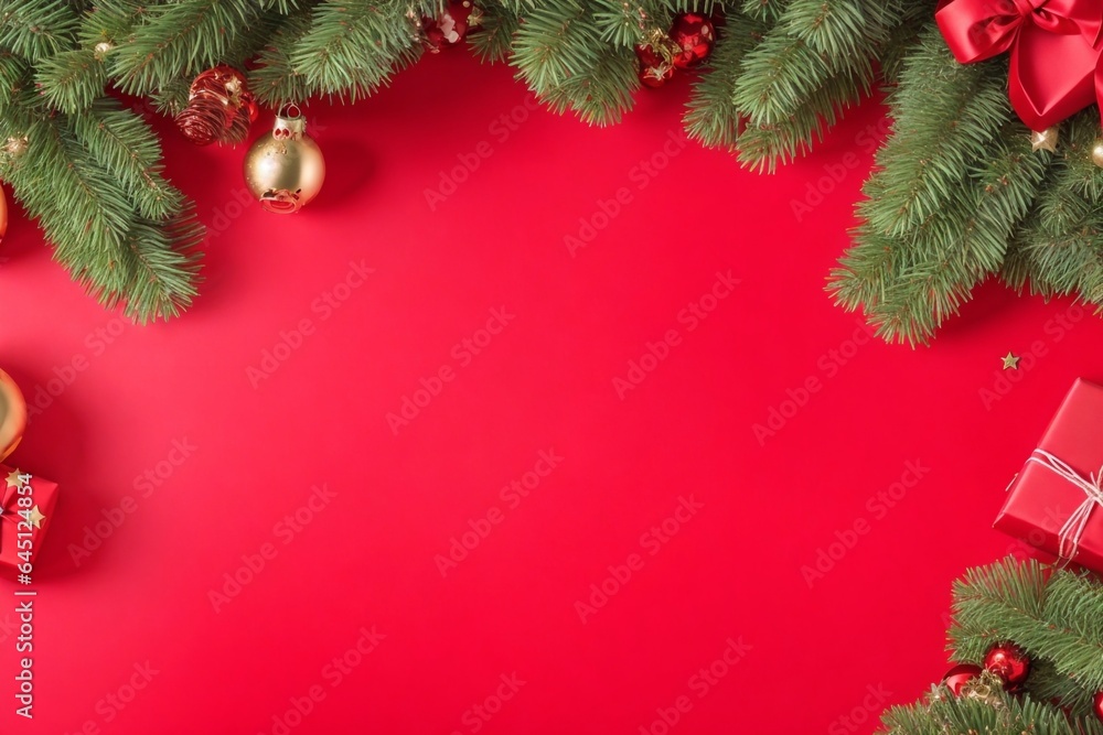Christmas background with fir tree and christmas decoration elements. Top view with copy space Christmas background with fir tree and christmas decoration elements. Top view with copy space
