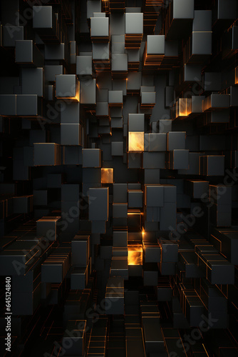 Dark abstract geometric background with glowing cubes. Futuristic background.