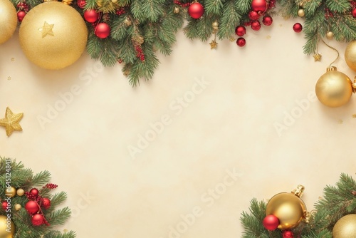 Christmas background with fir tree and christmas decoration elements. Top view with copy space