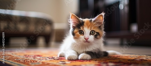 Adorable calico kitten rests on rug in living area.