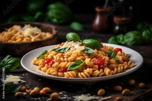 Pasta with tomatoes, basil, mozzarella and pine nuts on table 