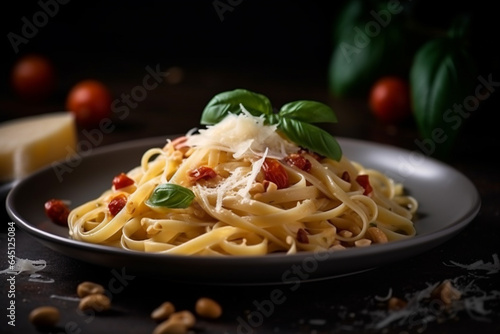 Pasta with tomatoes, basil, mozzarella and pine nuts on table 