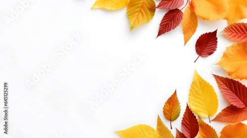 Autumn leaves on white background. Flat lay, top view, copy space