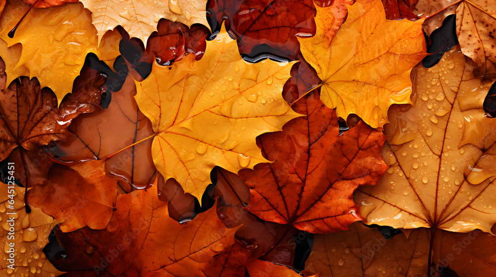 Colorful autumn maple leaves with water drops on a dark background