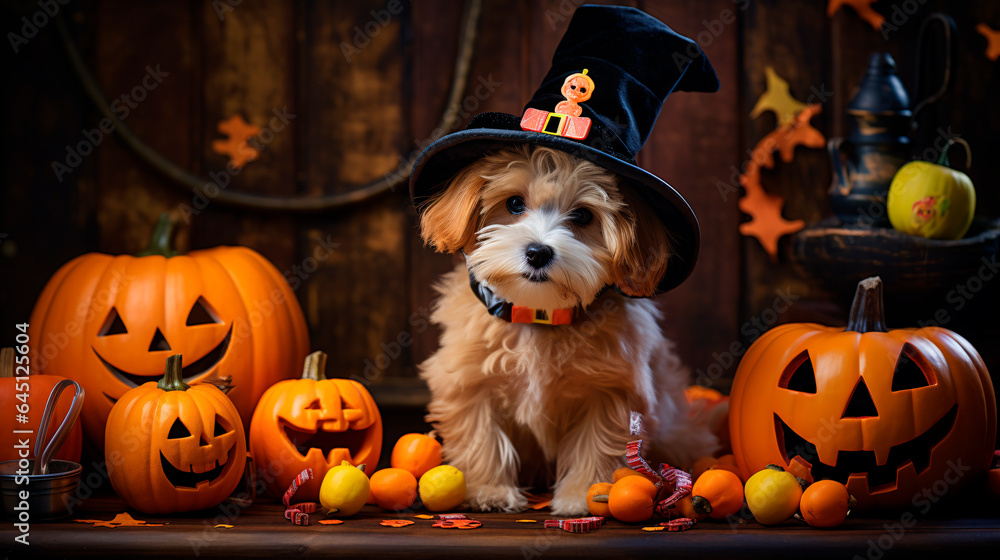 Halloween background with cute animals and pumpkins in  autumn colors and commercial photo style 