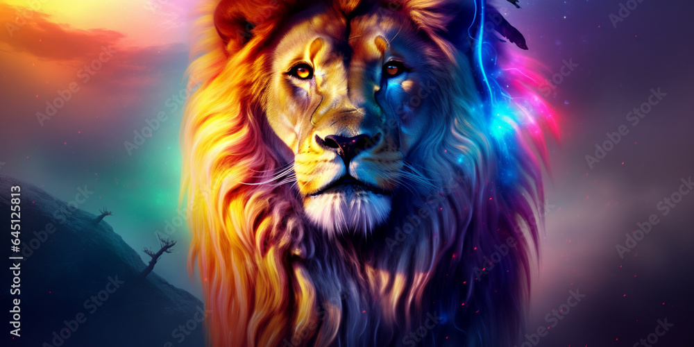 A lion with a rainbow mane and blue eyes. AI Generative.
