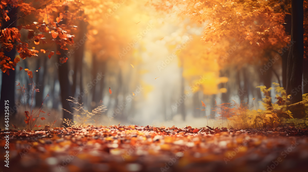 Autumn forest background. Beautiful nature scene with sunbeams.