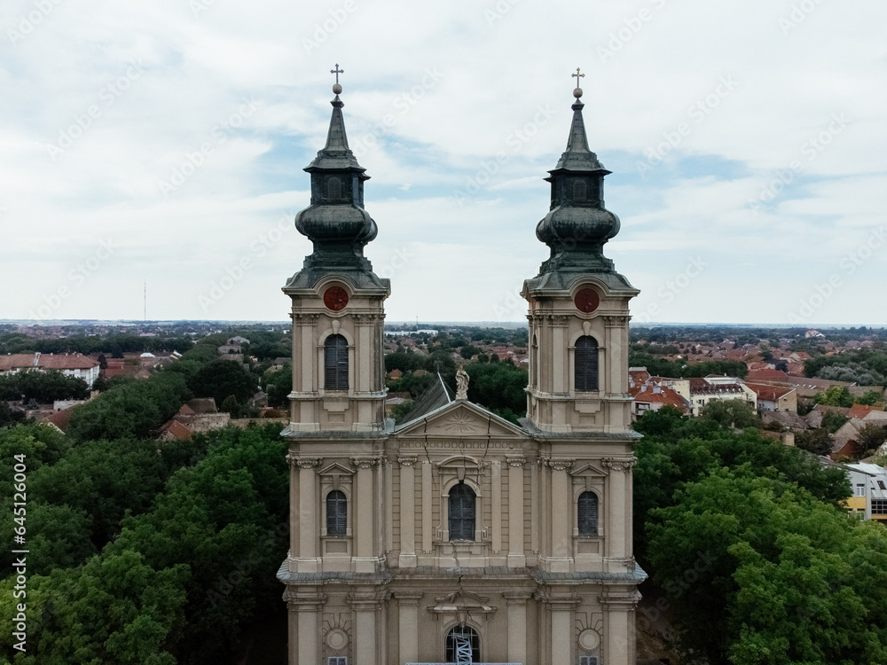 Drone view of the St. Theresa of Avila Cathedral Subotica, Serbia