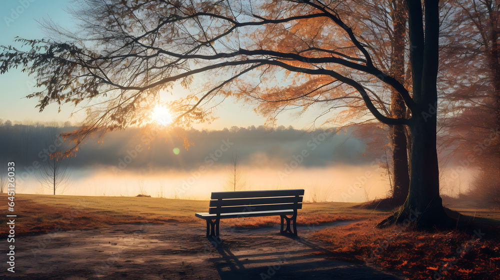 Bench in the park in the mist at sunrise landscape