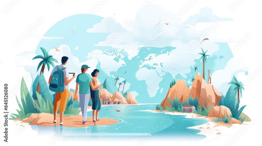 Illustration where people travel, discover new places and enjoy life
