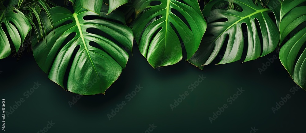 Obraz premium Closeup of a young tropical monstera plant on a wall background, suited for interior gardening with exotic tropical vibes.