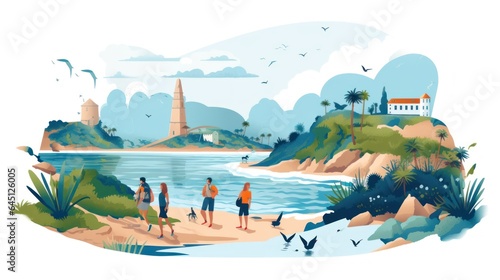 Illustration where people travel, discover new places and enjoy life