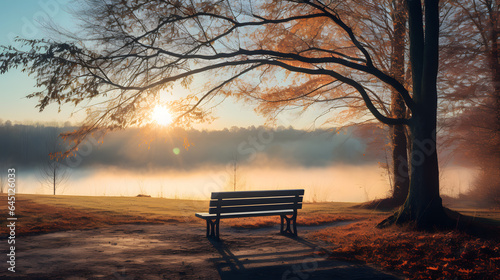 Bench in the park in the mist at sunrise landscape