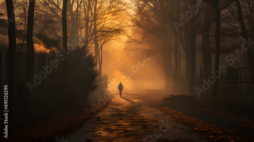 A man walking in a foggy forest in the morning at sunrise