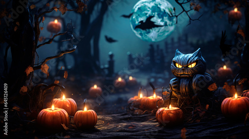 Halloween background with cute animals and pumpkins in autumn colors and commercial photo style 