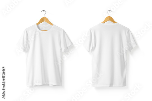 Blank White T-Shirt Mock-up on wooden hanger, front and rear side view.  Isolated on a transparent background, PNG. High resolution.