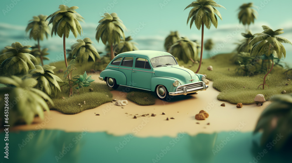 Vintage car with luggage on the beach. Summer vacation concept