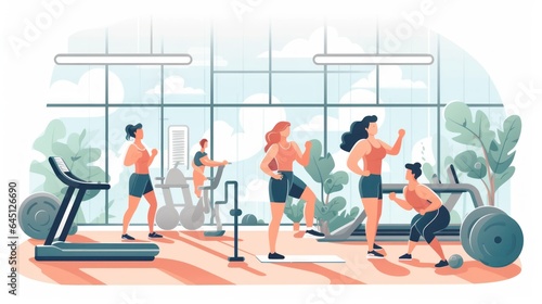 Llustration in which people spend time actively in the gym and take care of their shape and health