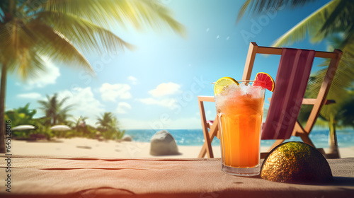 Cocktail on the beach with palm trees and sea background