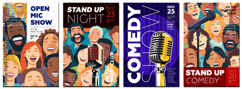 Stand up comedy show poster set. Open mic night placard template collection. Retro microphone with laughing people on colorful print. Promotional typography banner design. Vector eps illustration