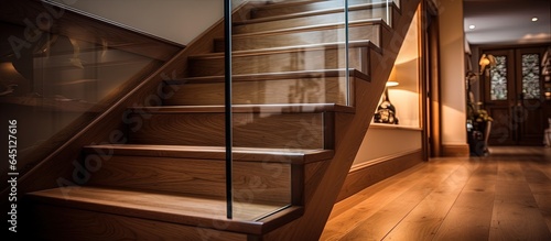 Glass-handrailed staircase on a wooden floor.