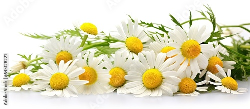 Organic herbal tea with fresh chamomile flowers on white background.