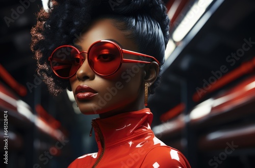 High fashion studio portrait of young african or american woman with sunglasses, beautiful makeup, luxury style, fashion trendy