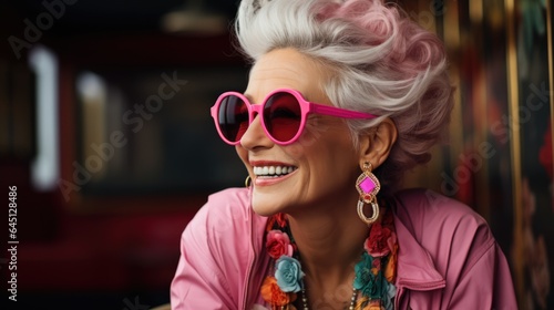 Happy senior woman in trend outfit, sunglasses, laughing and having fun