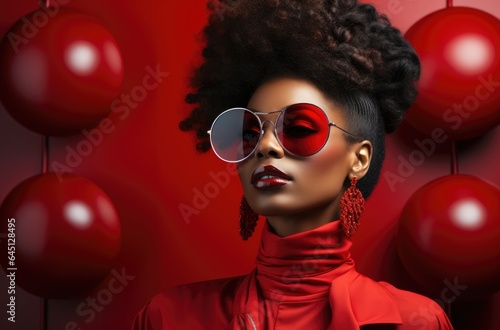 High fashion studio portrait of young african or american woman with sunglasses, beautiful makeup, luxury style, fashion trendy