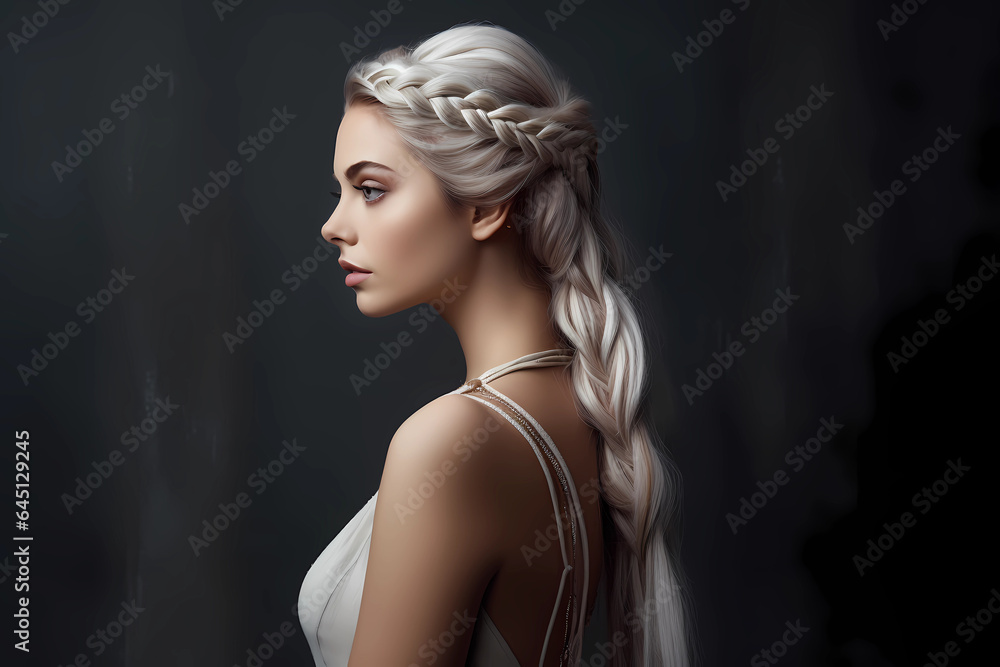 Half-Up Braided Crown - A bohemian-inspired hairstyle where sections of the hair are braided and wrapped around the head like a crown, combining an updo with some hair down (Generative AI)