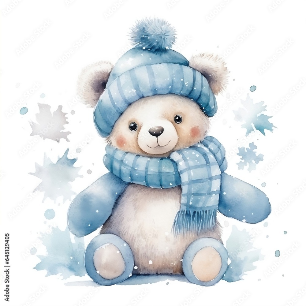 Cute blue teddy bear clipart with decoration in watercolor Stock ...