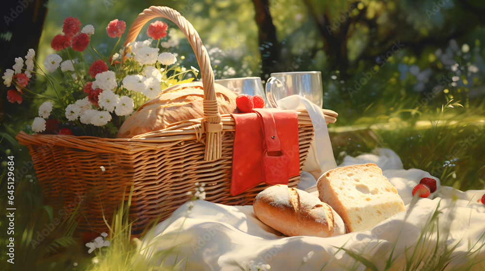 Picnic basket with bread, wine and flowers on the grass.